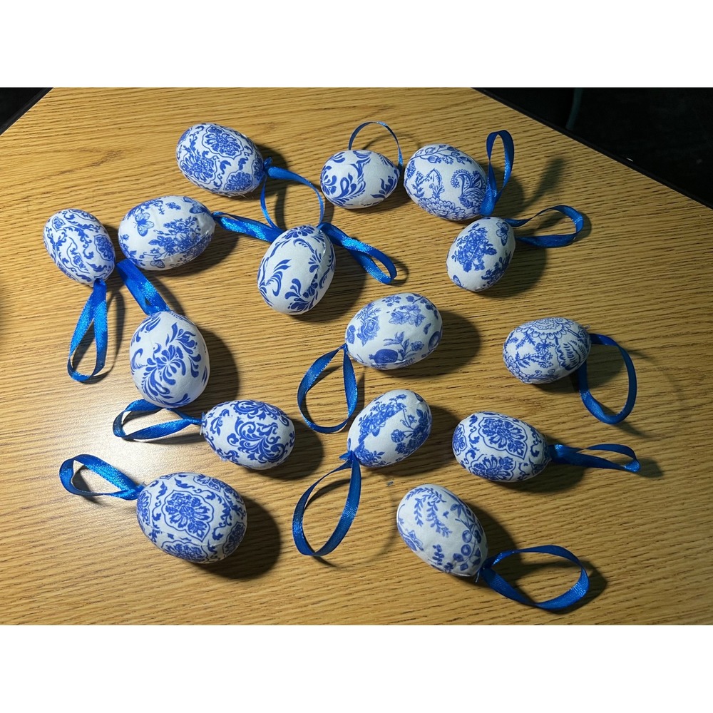 15pc Blue White Chinoiserie Fabric Easter Egg Ornaments Floral Tree Decor - Picture 8 of 9